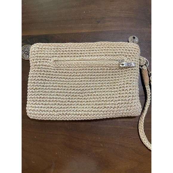 The Sak Beige Flecked Crochet Wristlet Two Charms Side Pocket Multiple Dividers - Picture 4 of 9